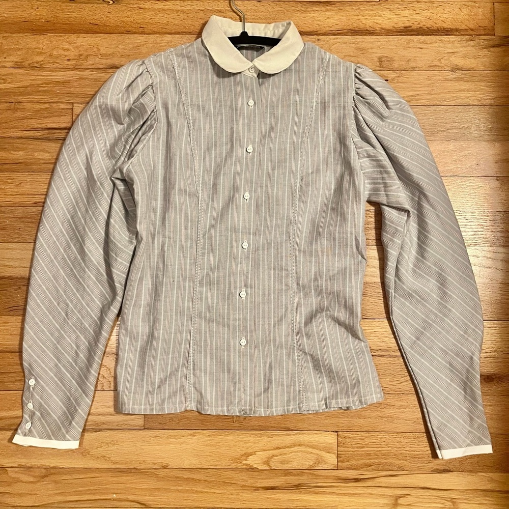 Striped Puff long Sleeve Button Up Shirt blue Peter pan Collar Small Vintage
